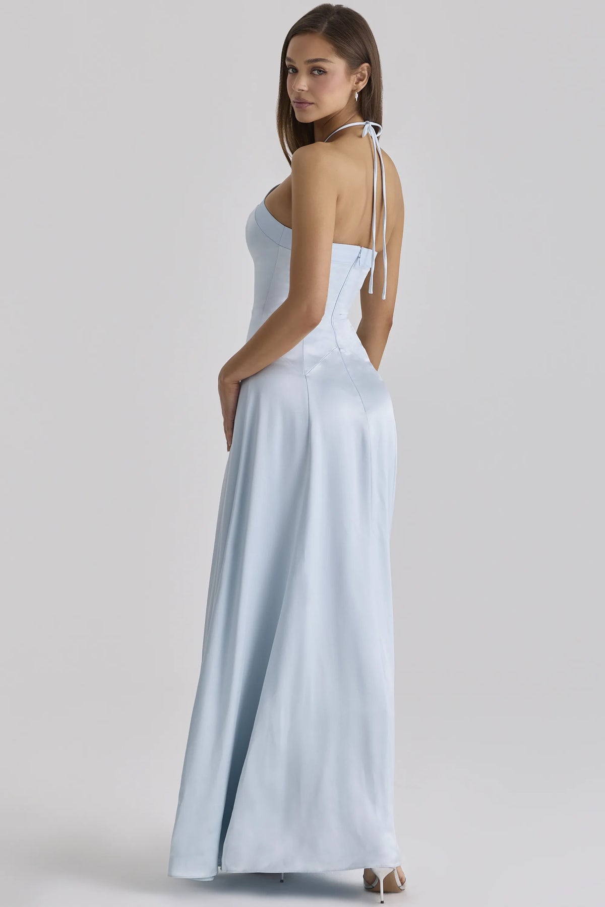 Avelina Blue Satin Halter Neck Godet Maxi Dress