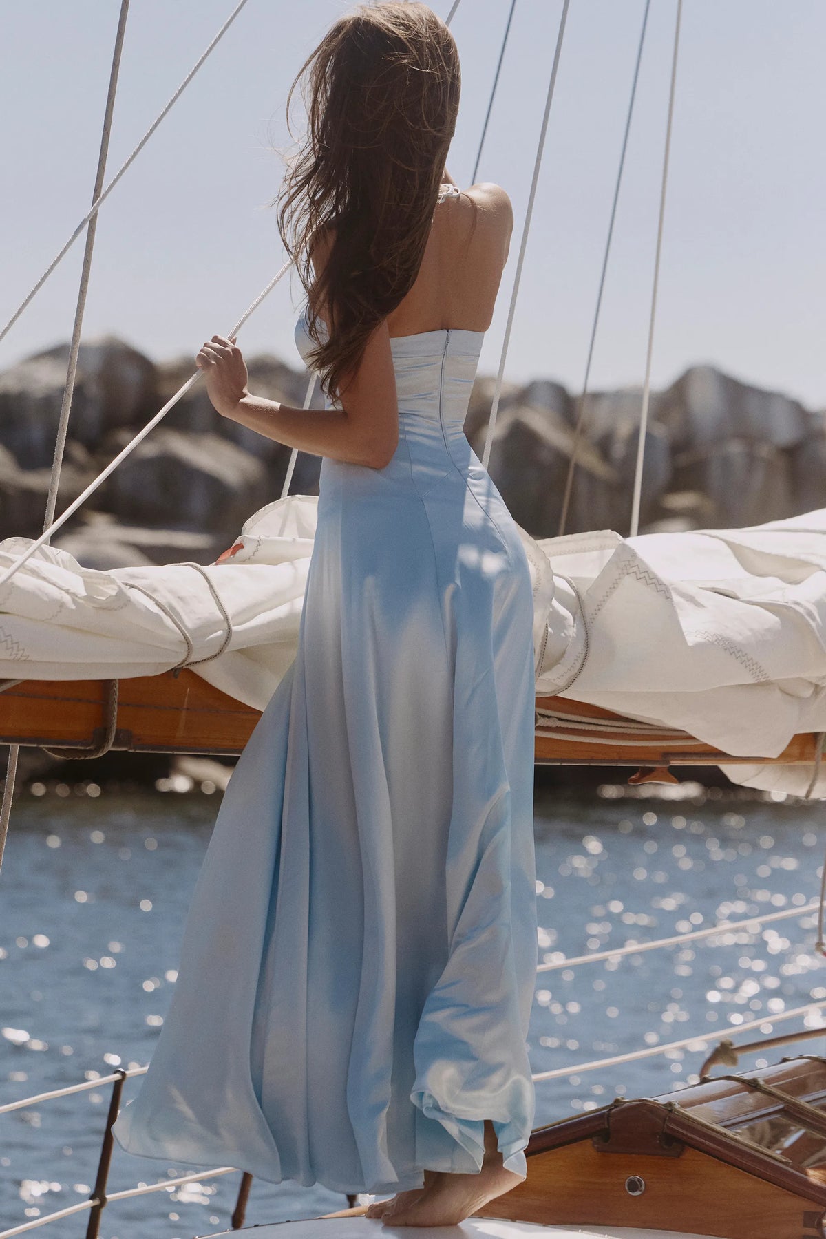 Avelina Blue Satin Halter Neck Godet Maxi Dress