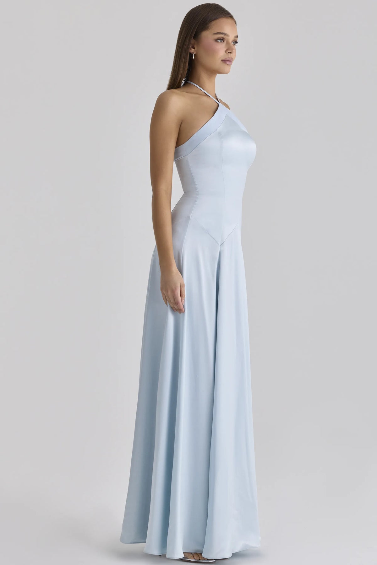 Avelina Blue Satin Halter Neck Godet Maxi Dress