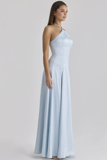 Avelina Blue Satin Halter Neck Godet Maxi Dress