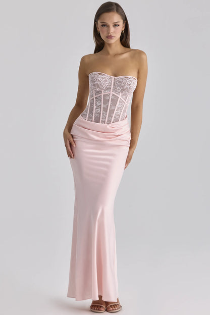 Ayana Pink Lace + Satin Maxi Corset Dress