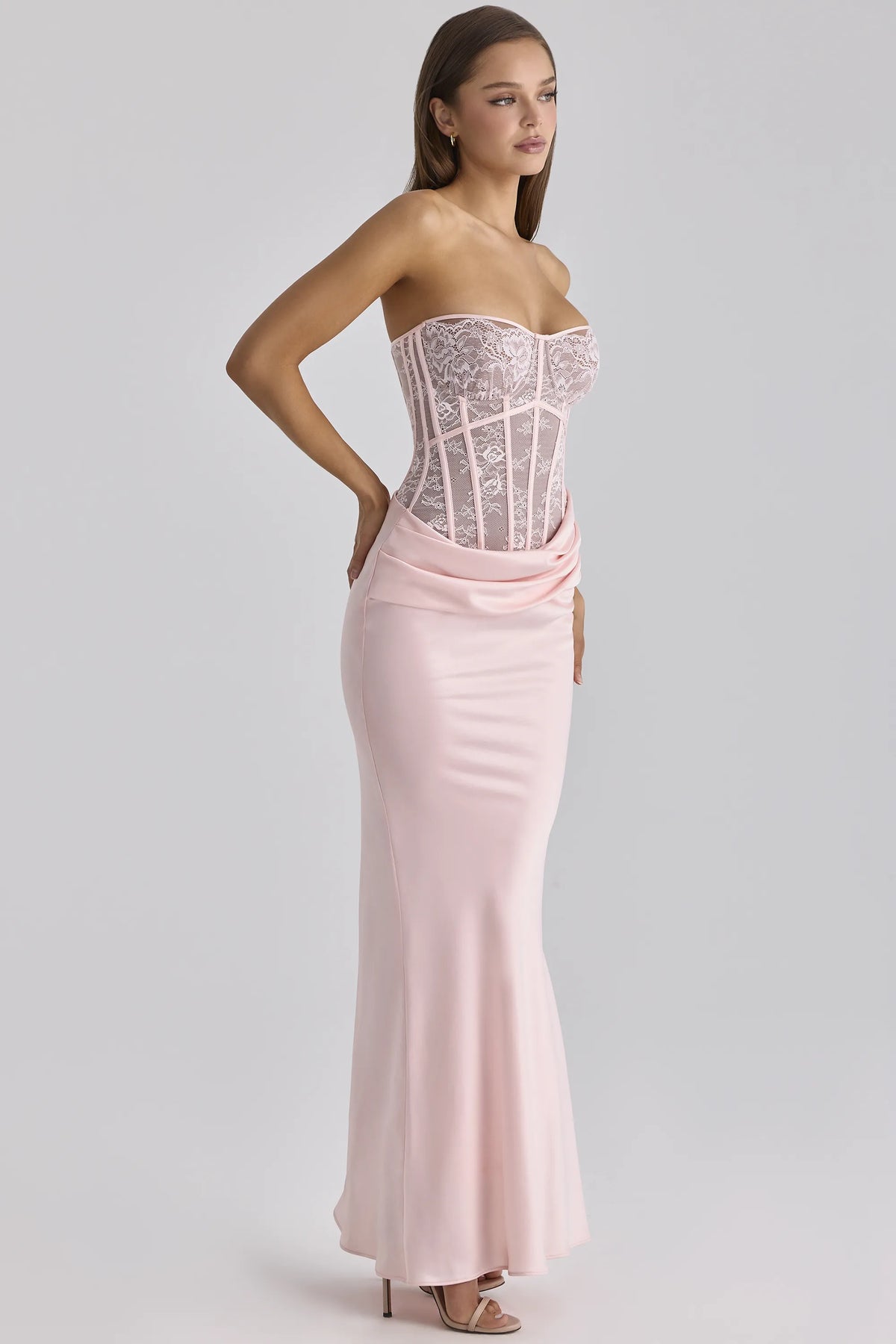 Ayana Pink Lace + Satin Maxi Corset Dress
