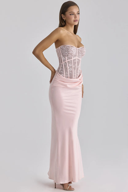 Ayana Pink Lace + Satin Maxi Corset Dress