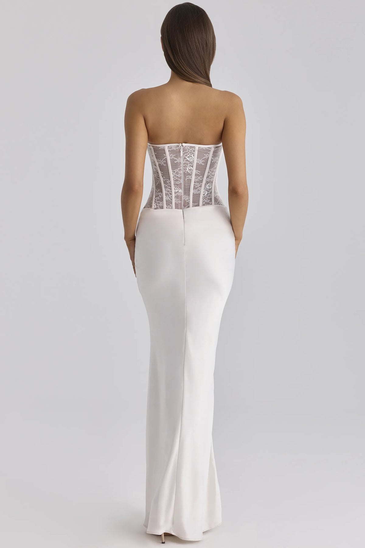 Ayana White Lace + Satin Maxi Corset Dress