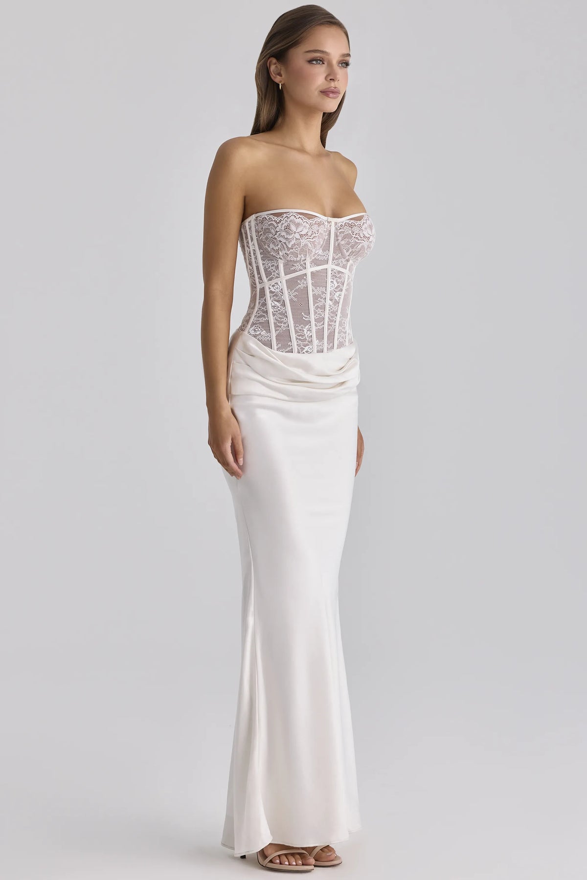 Ayana White Lace + Satin Maxi Corset Dress