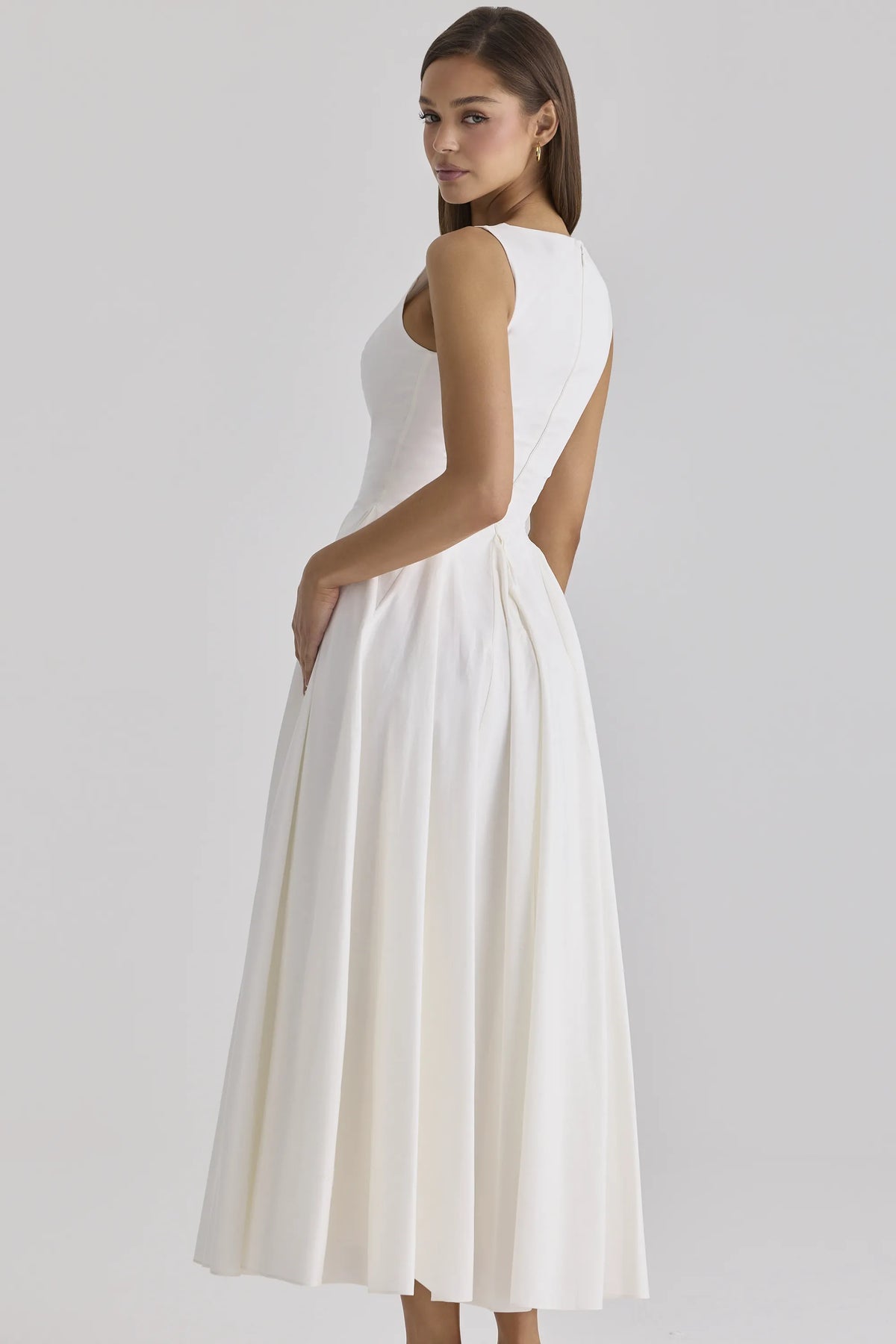 Azalina White Boat Neck Button Front Cotton Maxi Dress