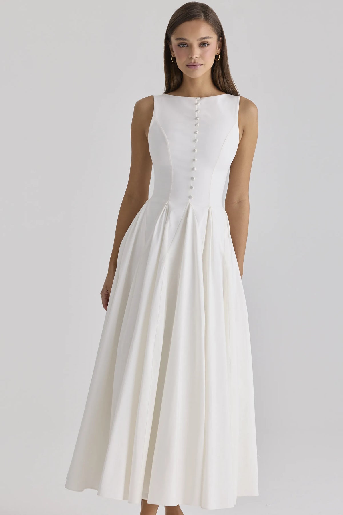 Azalina White Boat Neck Button Front Cotton Maxi Dress