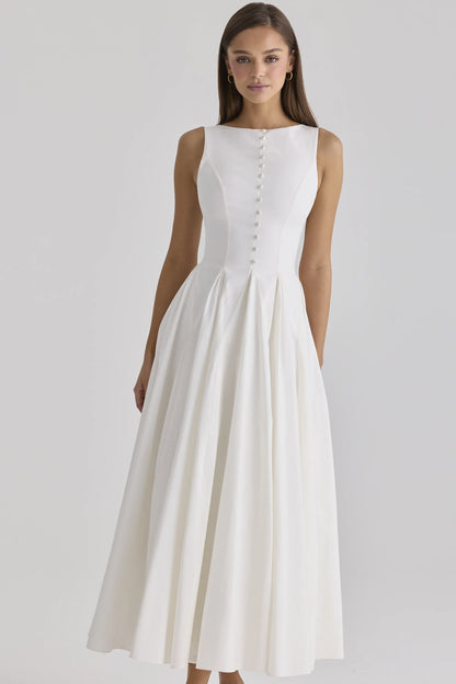 Azalina White Boat Neck Button Front Cotton Maxi Dress
