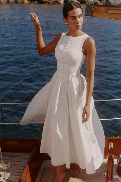 Azalina White Boat Neck Button Front Cotton Maxi Dress