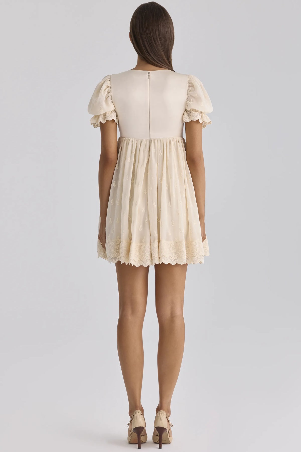 Bambi Ivory Satin + Broderie Anglaise Lace Regency Babydoll Mini Dress