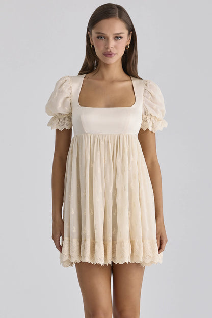 Bambi Ivory Satin + Broderie Anglaise Lace Regency Babydoll Mini Dress