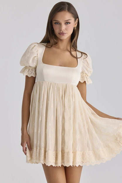 Bambi Ivory Satin + Broderie Anglaise Lace Regency Babydoll Mini Dress
