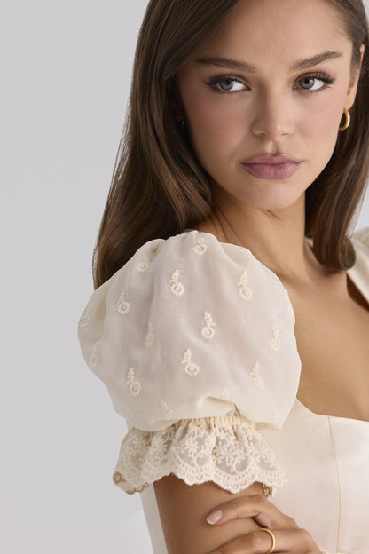 Bambi Ivory Satin + Broderie Anglaise Lace Regency Babydoll Mini Dress
