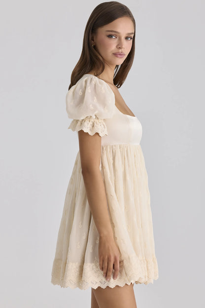 Bambi Ivory Satin + Broderie Anglaise Lace Regency Babydoll Mini Dress