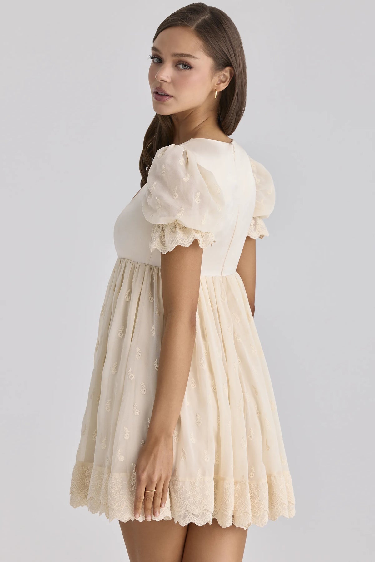 Bambi Ivory Satin + Broderie Anglaise Lace Regency Babydoll Mini Dress