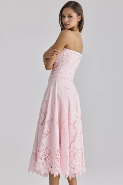Belissa Pink Strapless Custom Lace + Broderie Anglaise Midi Dress