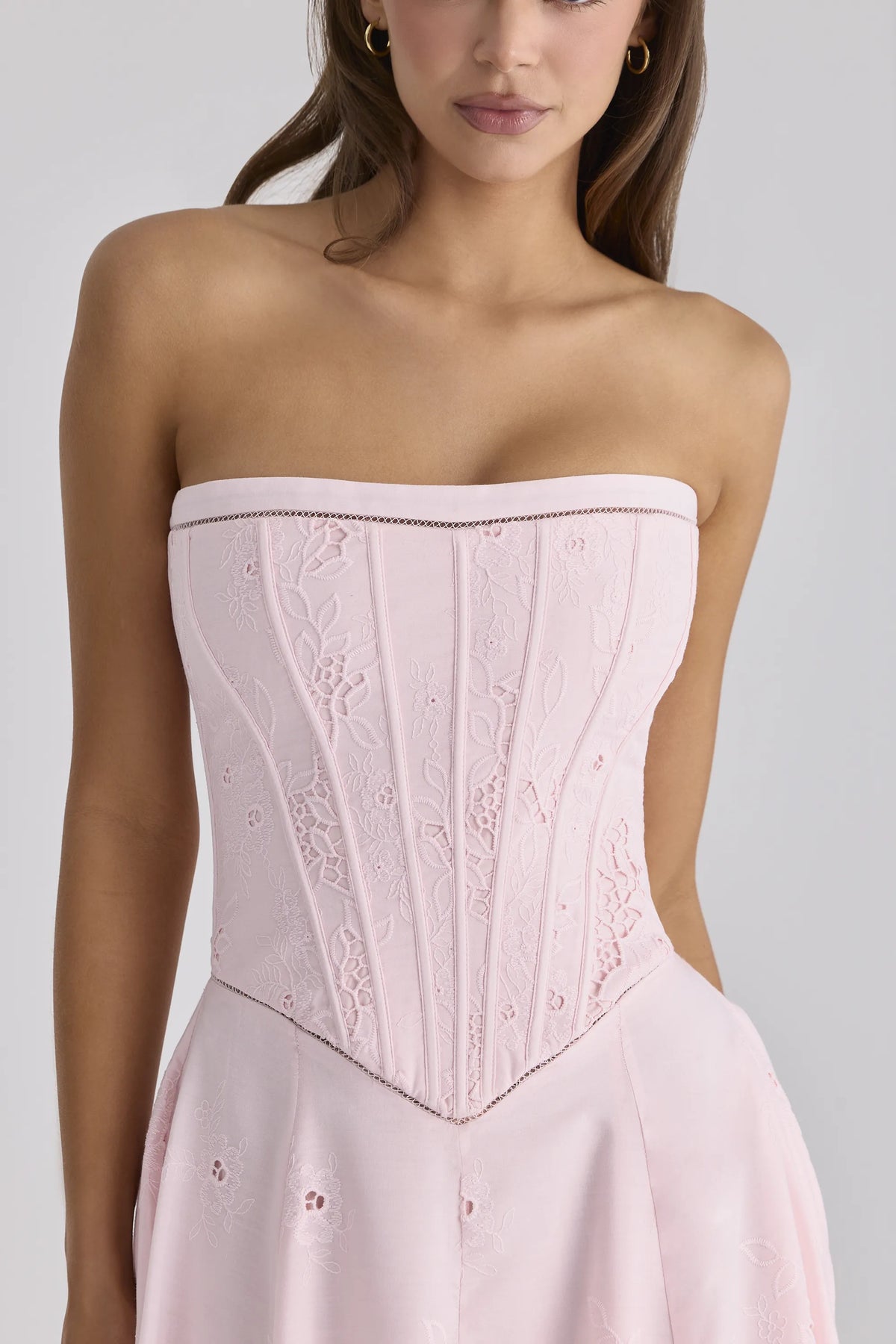 Belissa Pink Strapless Custom Lace + Broderie Anglaise Midi Dress