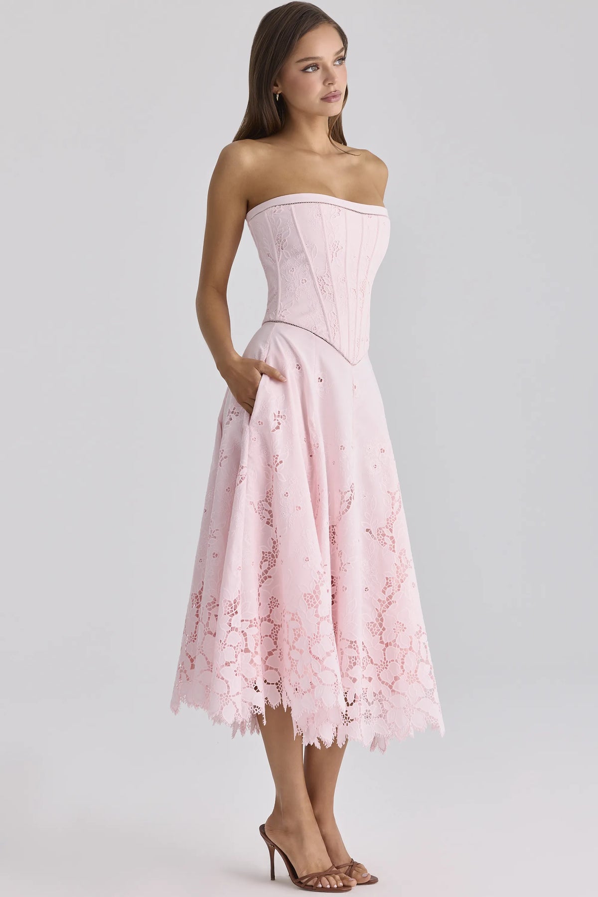 Belissa Pink Strapless Custom Lace + Broderie Anglaise Midi Dress