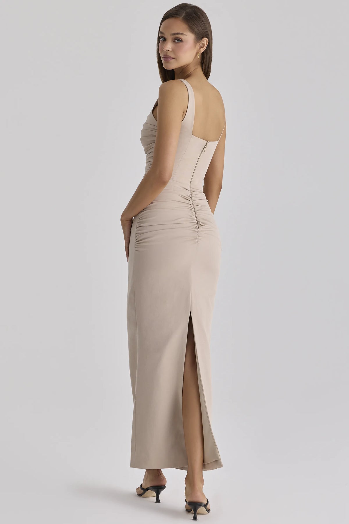 Calandra Taupe Stretch Crepe Ruched Maxi Dress