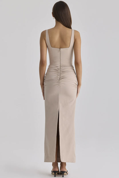 Calandra Taupe Stretch Crepe Ruched Maxi Dress