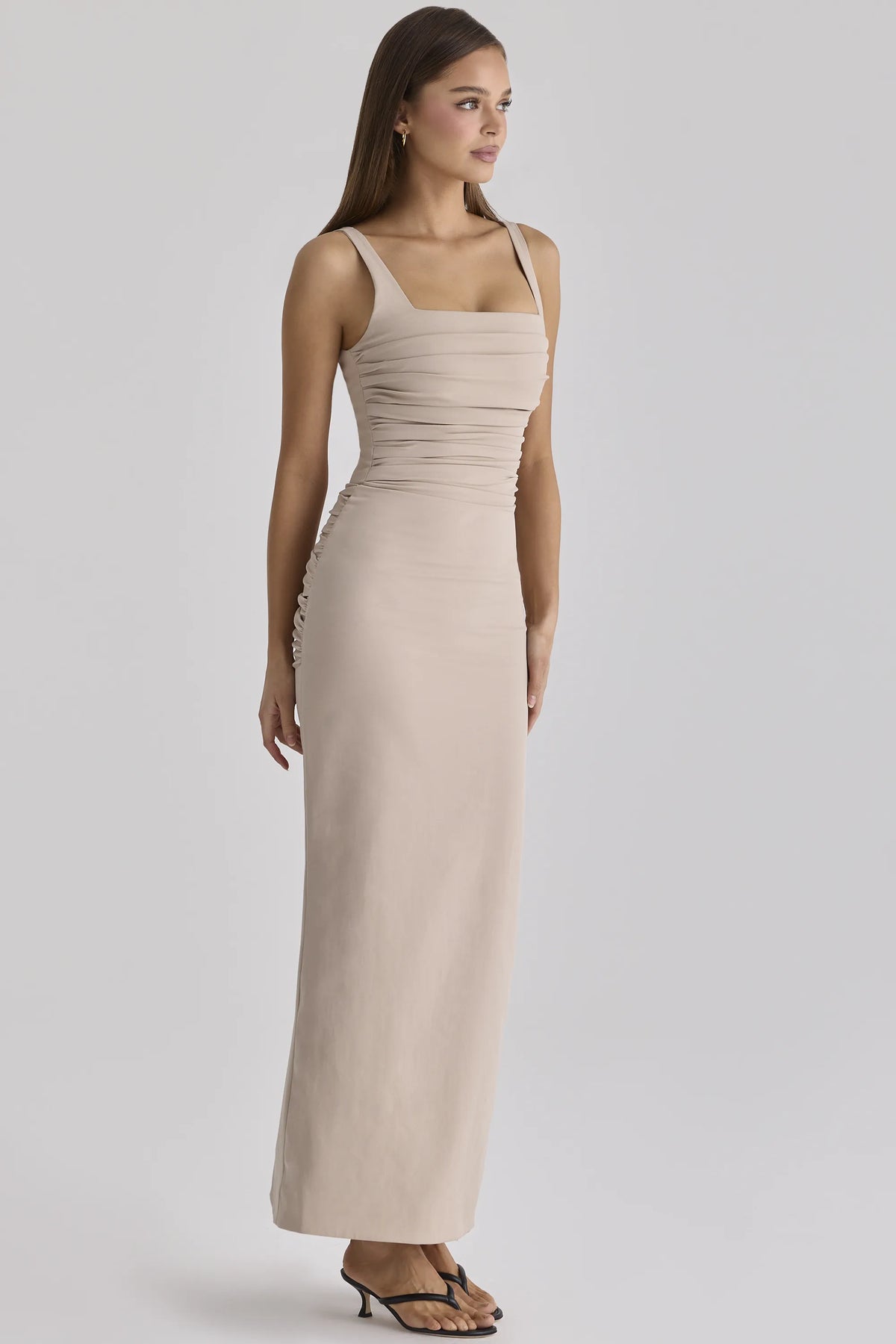 Calandra Taupe Stretch Crepe Ruched Maxi Dress