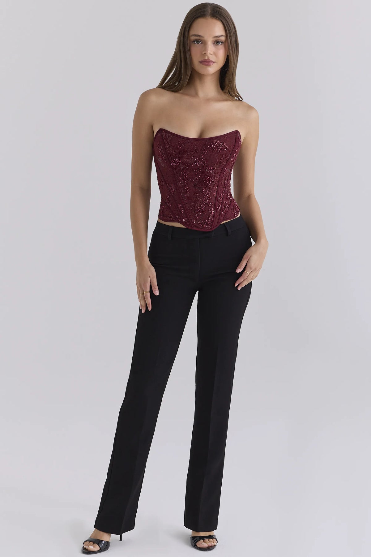 Calliope Cabernet Embellished Lace Corset Top