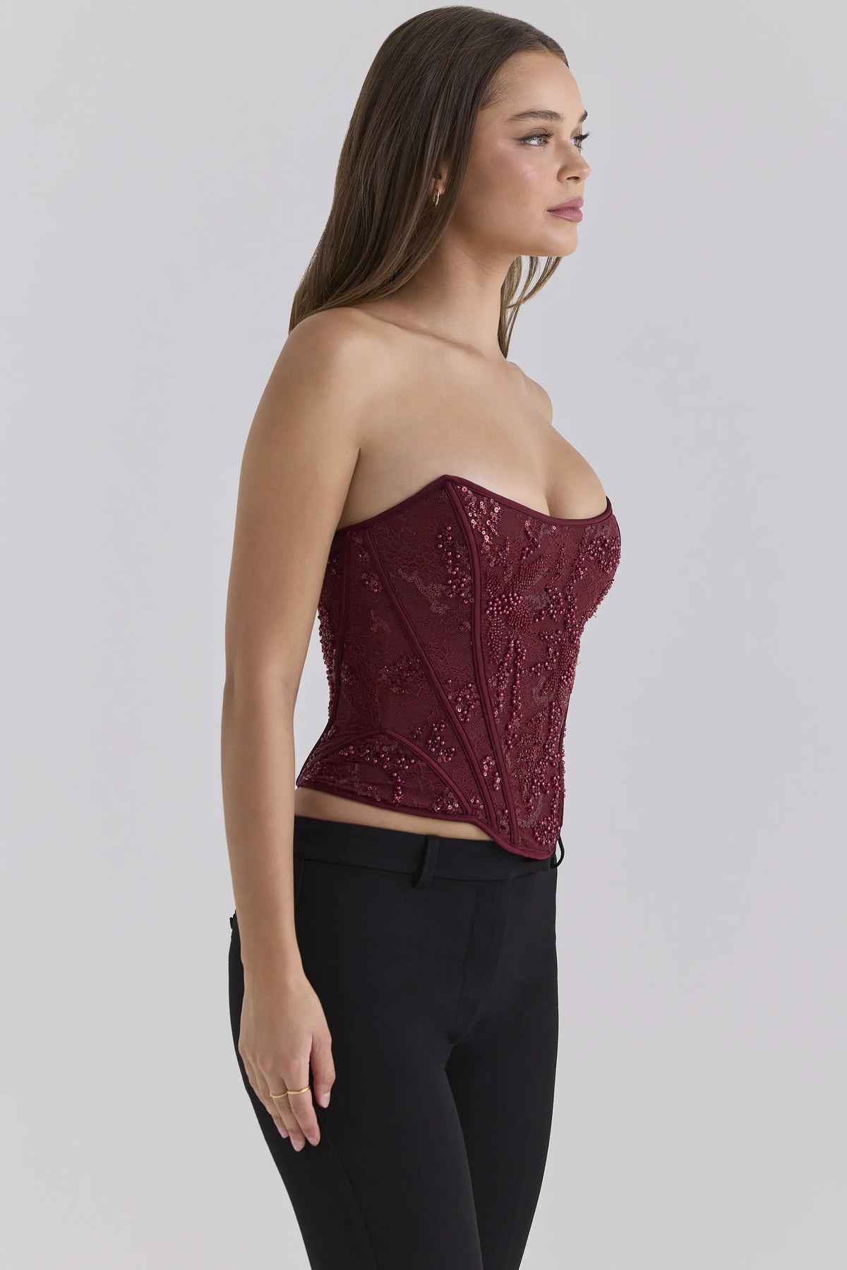 Calliope Cabernet Embellished Lace Corset Top