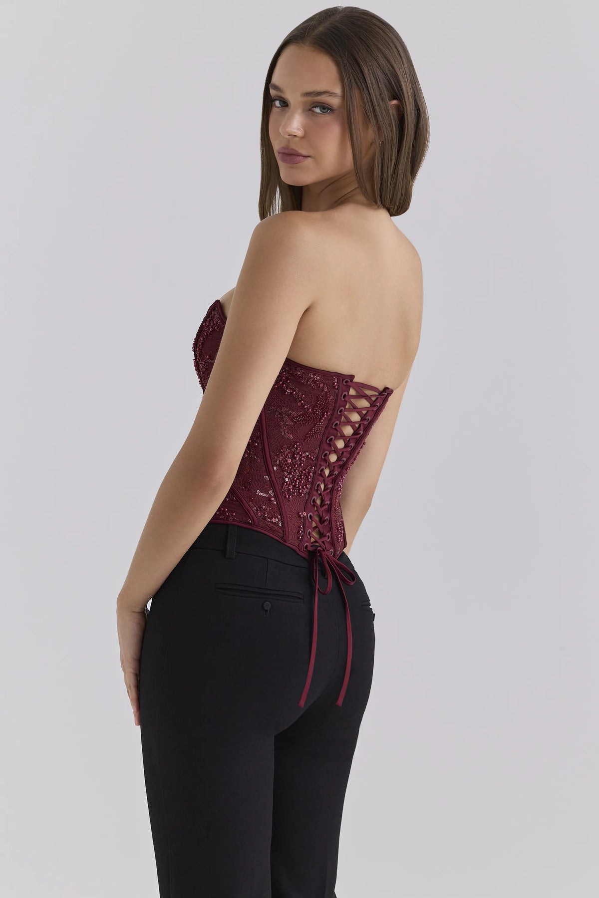 Calliope Cabernet Embellished Lace Corset Top