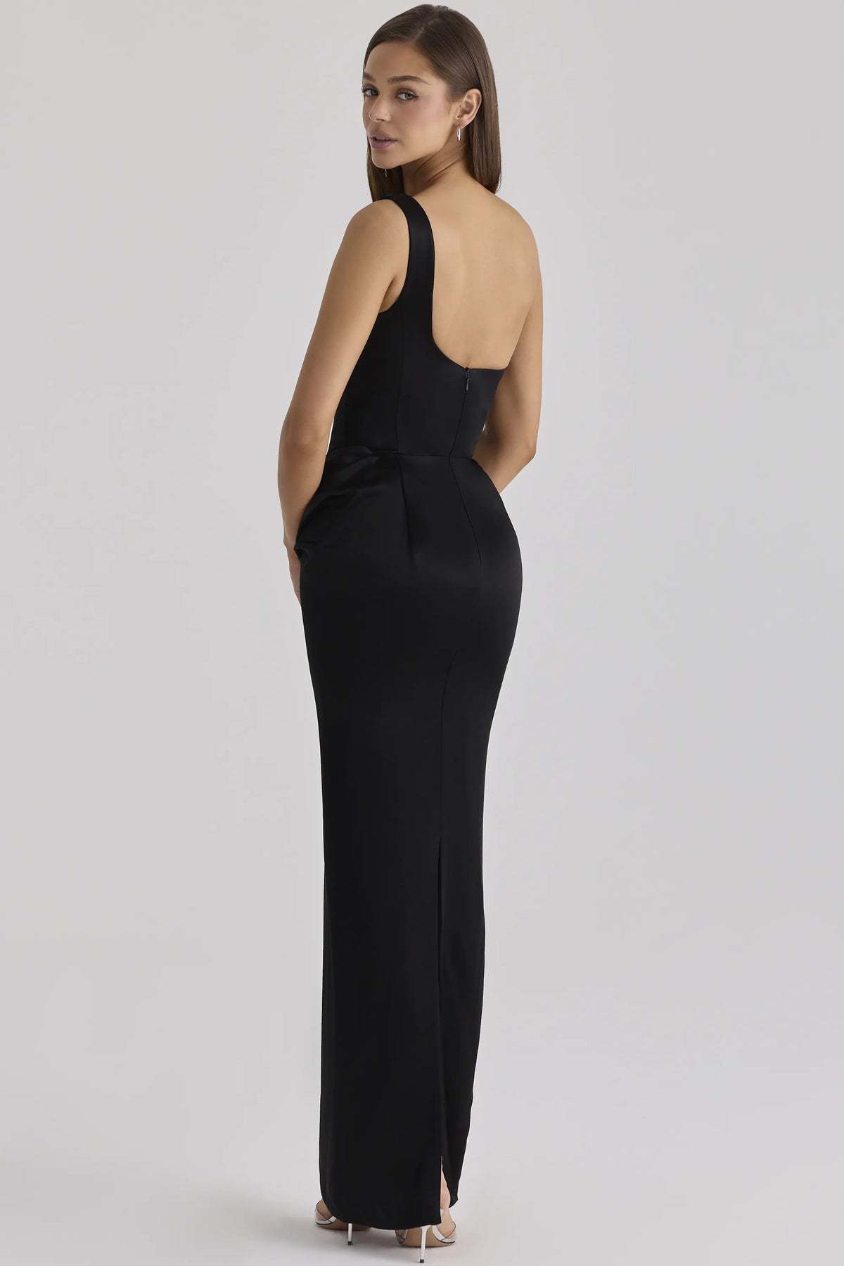 Caprice Black Satin One Shoulder Maxi Dress