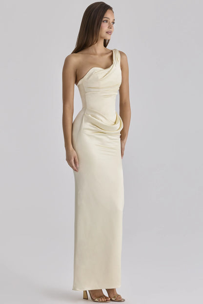 Caprice Lemon One Shoulder Satin Maxi Dress