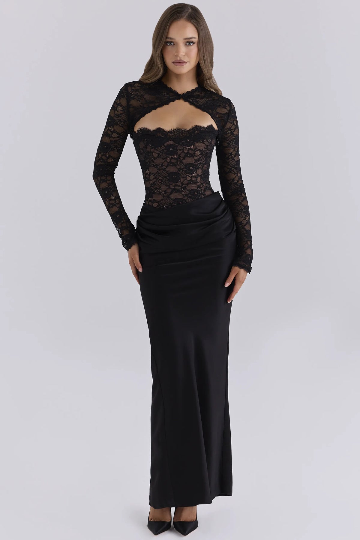 Carmella Midnight Lace & Satin Corset Maxi Dress With Bolero