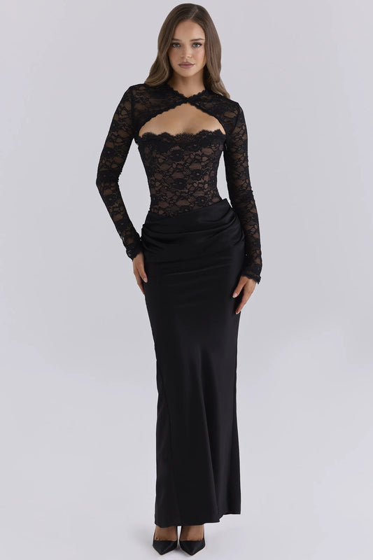 Carmella Midnight Lace & Satin Corset Maxi Dress With Bolero