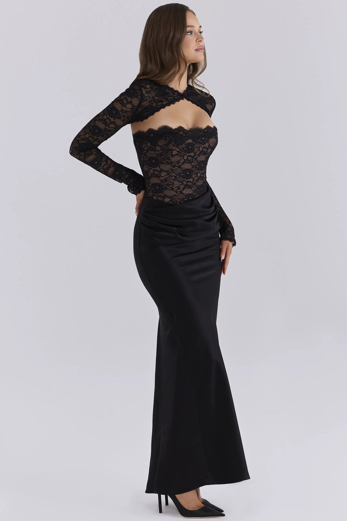 Carmella Midnight Lace & Satin Corset Maxi Dress With Bolero