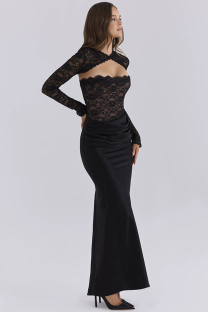 Carmella Midnight Lace & Satin Corset Maxi Dress With Bolero