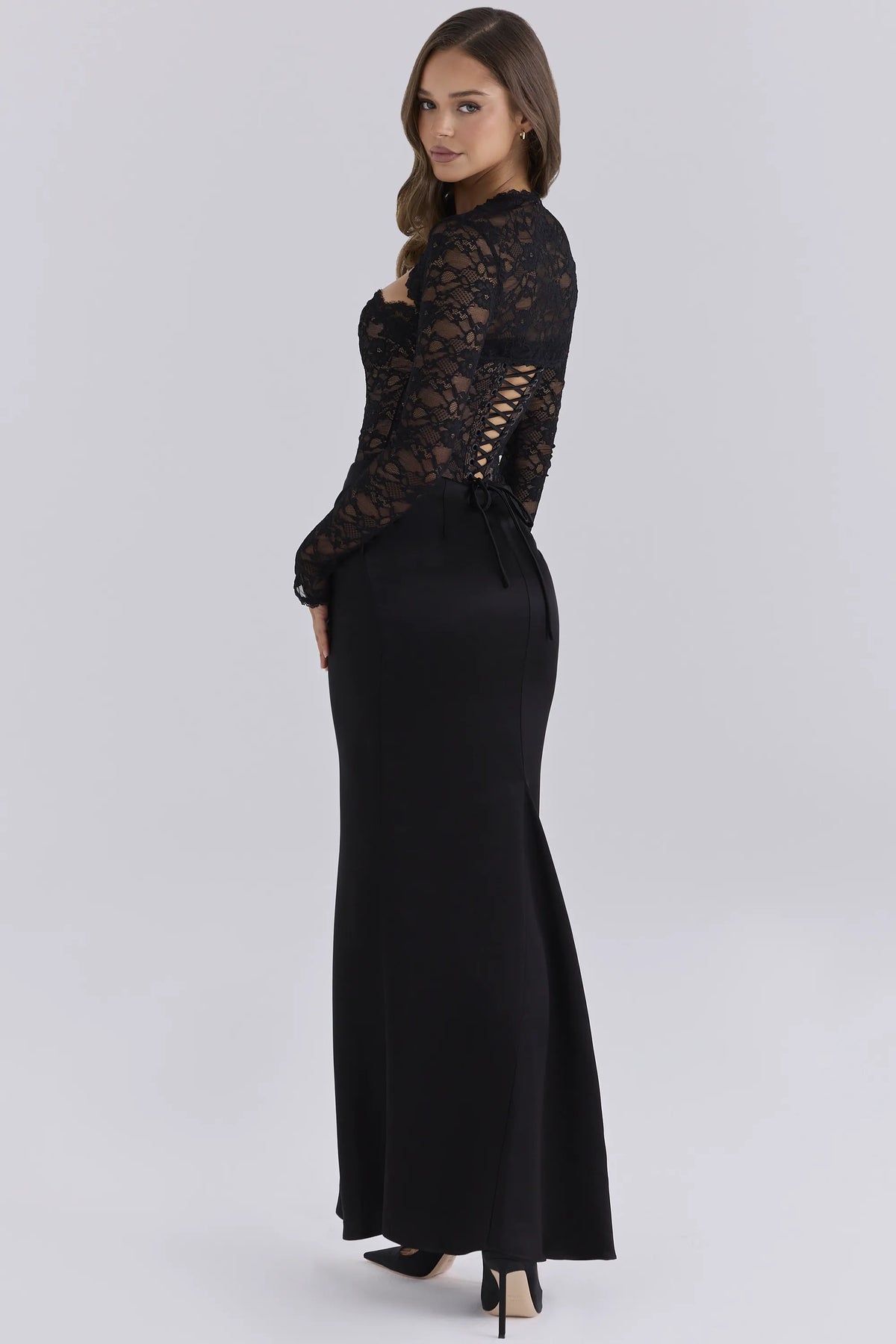 Carmella Midnight Lace & Satin Corset Maxi Dress With Bolero