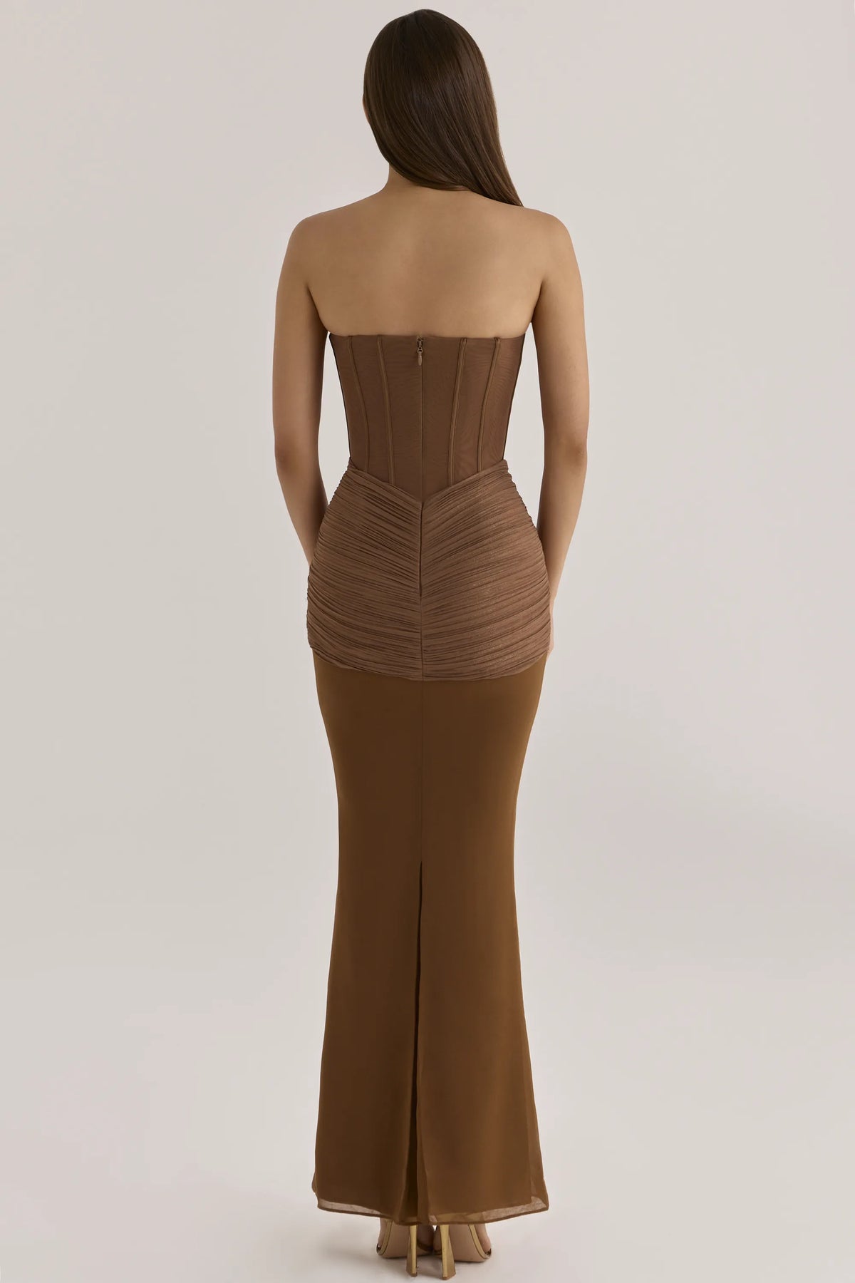 Charlotte Bronze Shimmer Chiffon + Mesh Strapless Maxi Dress