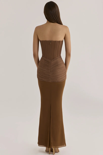 Charlotte Bronze Shimmer Chiffon + Mesh Strapless Maxi Dress