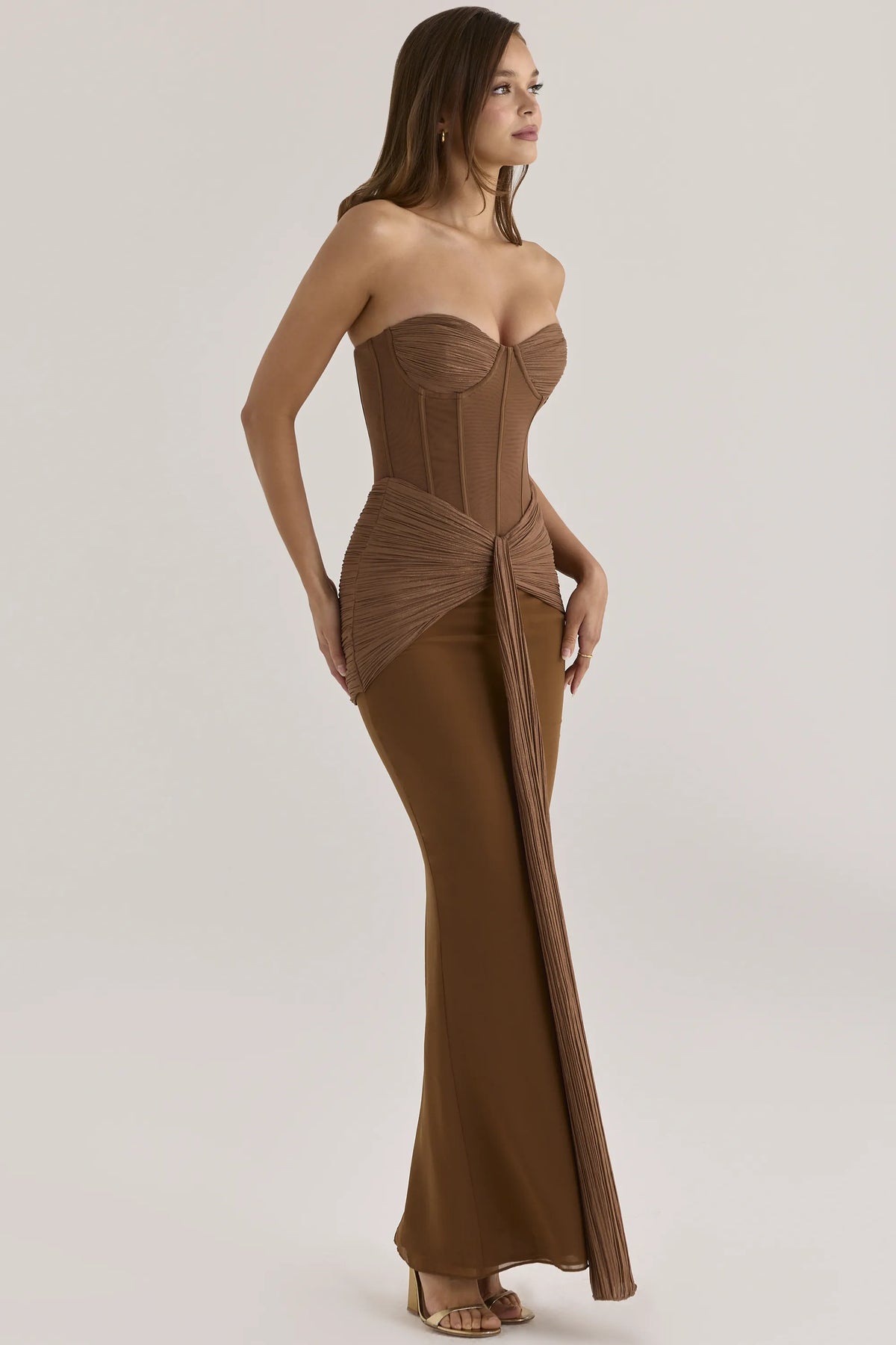 Charlotte Bronze Shimmer Chiffon + Mesh Strapless Maxi Dress