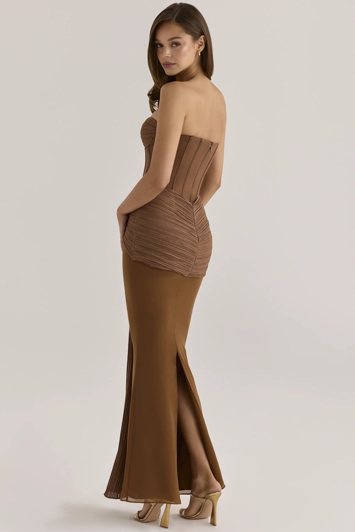 Charlotte Bronze Shimmer Chiffon + Mesh Strapless Maxi Dress