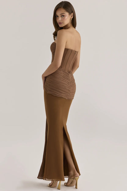 Charlotte Bronze Shimmer Chiffon + Mesh Strapless Maxi Dress