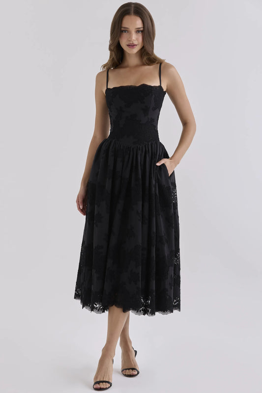 Chloe Black Custom Lace + Broderie Anglaise Cotton Midi Sundress