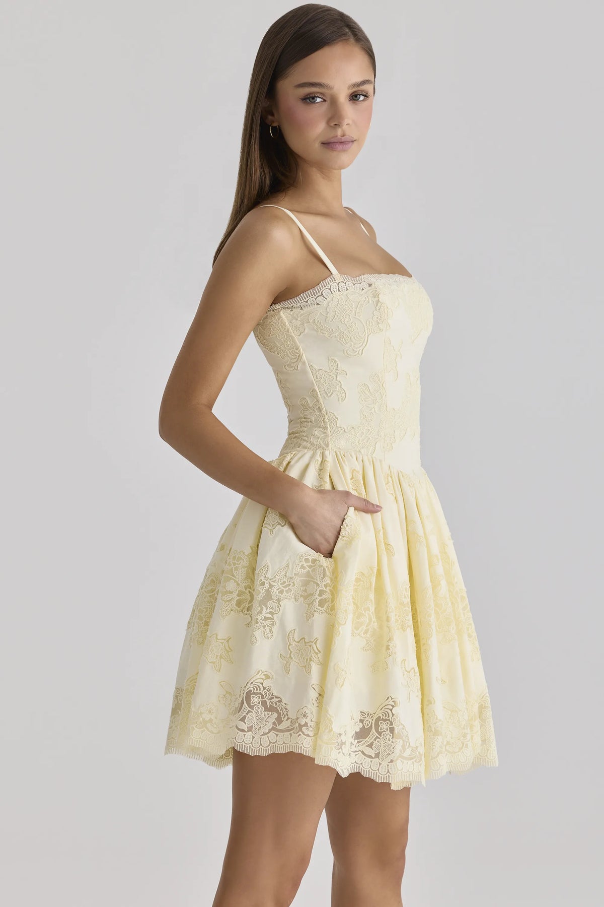 Chloe Lemon Custom Lace Cotton Broderie Anglaise Mini Dress