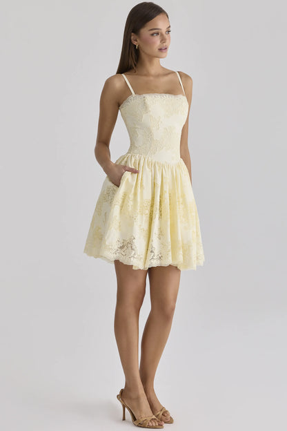 Chloe Lemon Custom Lace Cotton Broderie Anglaise Mini Dress