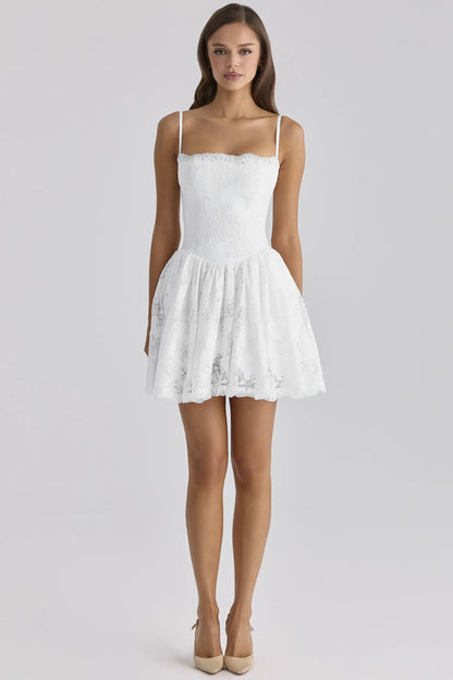 Chloe White Custom Lace + Cotton Broderie Anglaise Mini Dress
