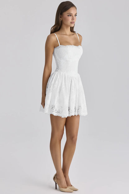 Chloe White Custom Lace + Cotton Broderie Anglaise Mini Dress