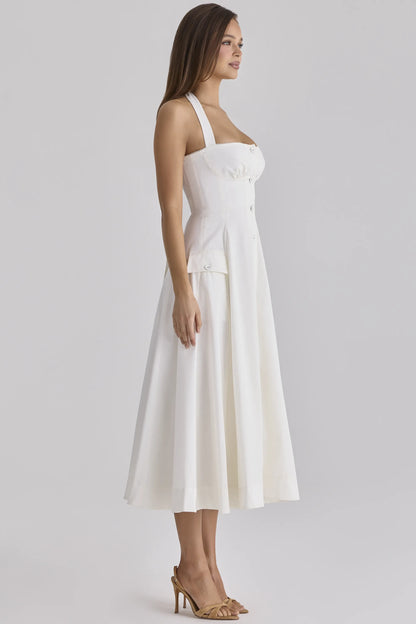 Claudia White Cotton Halter Neck Midi Dress