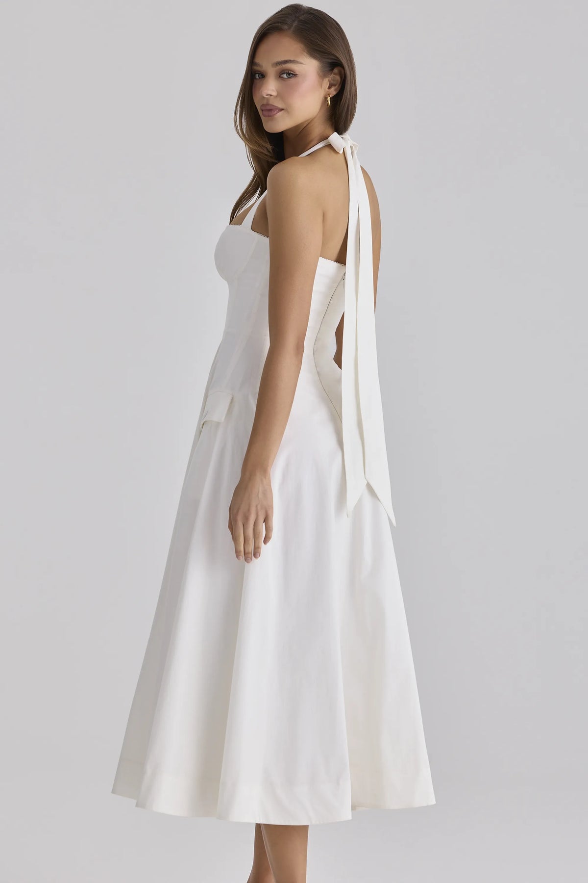 Claudia White Cotton Halter Neck Midi Dress