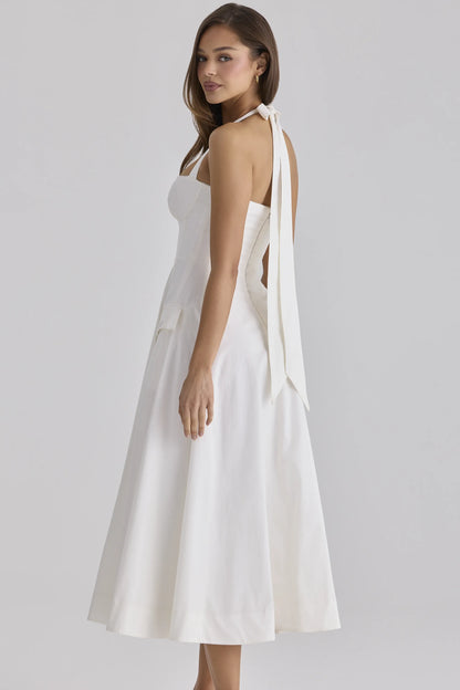 Claudia White Cotton Halter Neck Midi Dress