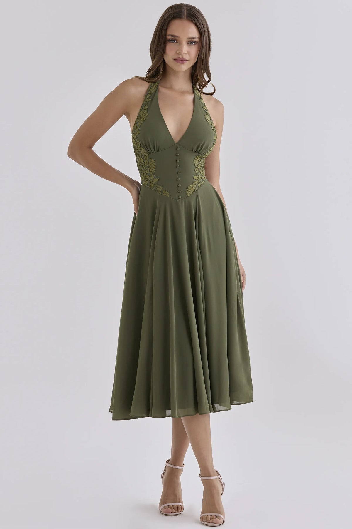Coco Olive Georgette + Lace Placement Halter Neck Midi Dress