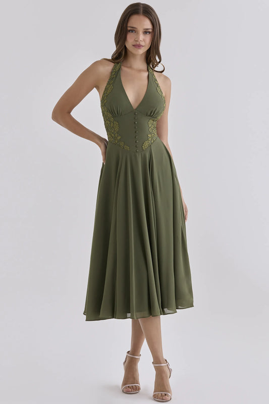 Coco Olive Georgette + Lace Placement Halter Neck Midi Dress
